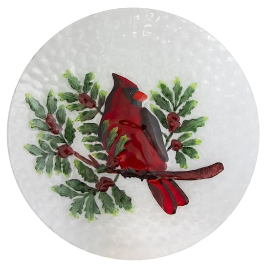 21" Red Cardinal & Pine Cone Glass Bird Bath with Stand